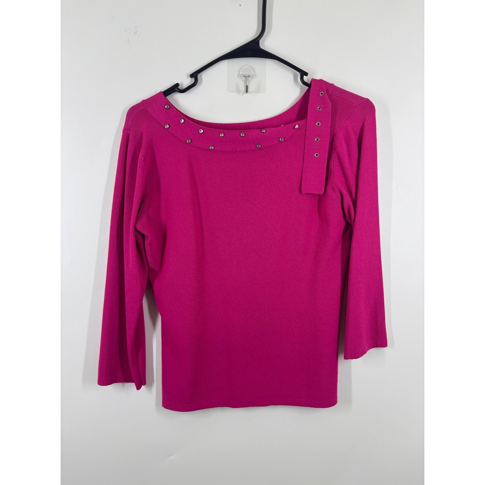 Joseph A Magenta Pink Studded Boat Neck 3/4 Sleeve Knit Sweater Top Medium